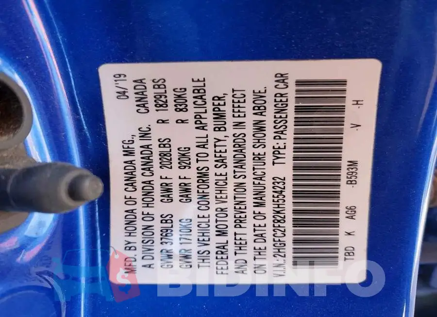 2HGFC2F82KH554232 Photo# 12