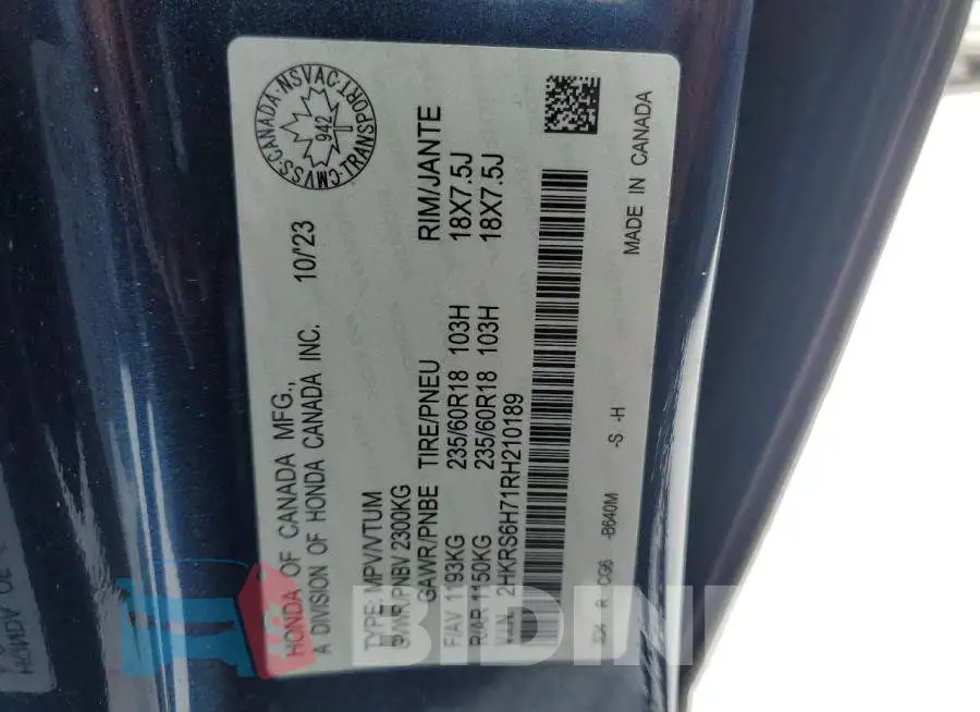 2HKRS6H71RH210189 Photo# 14