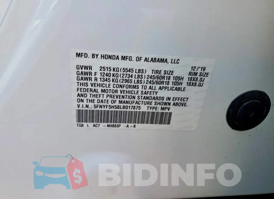 5FNYF5H58LB017875 Photo# 13