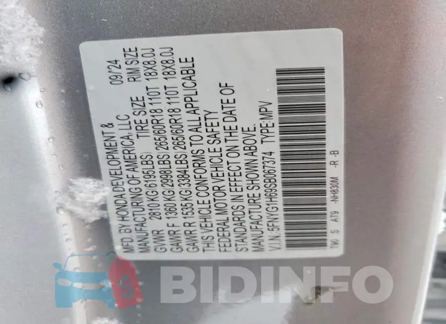 5FNYG1H69SB067374 Photo# 13