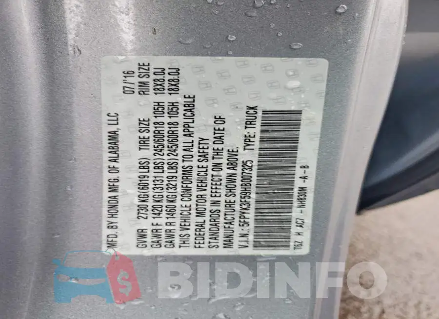 5FPYK3F59HB007325 Photo# 12