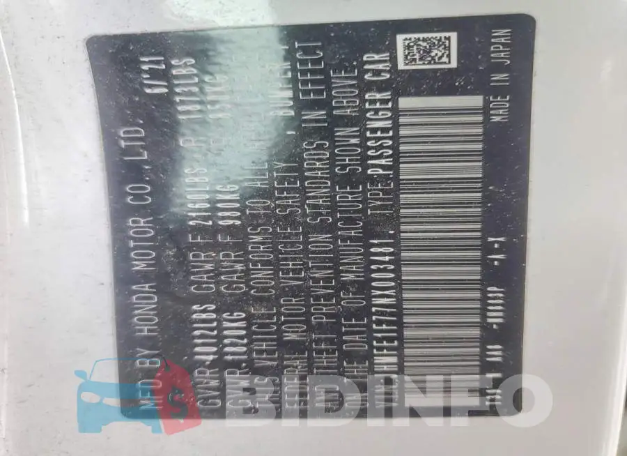 JHMFE1F77NX003481 Photo# 13