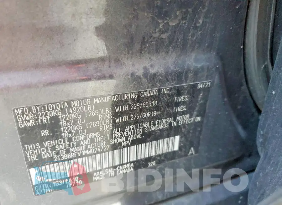 2T3B6RFV1MW024727 Photo# 14