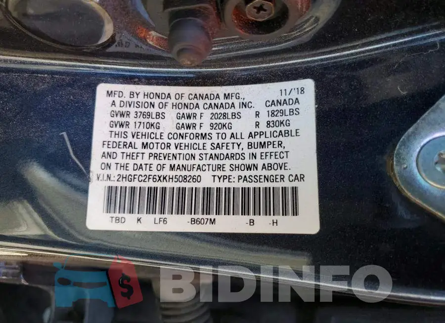 2HGFC2F6XKH508260 Photo# 12