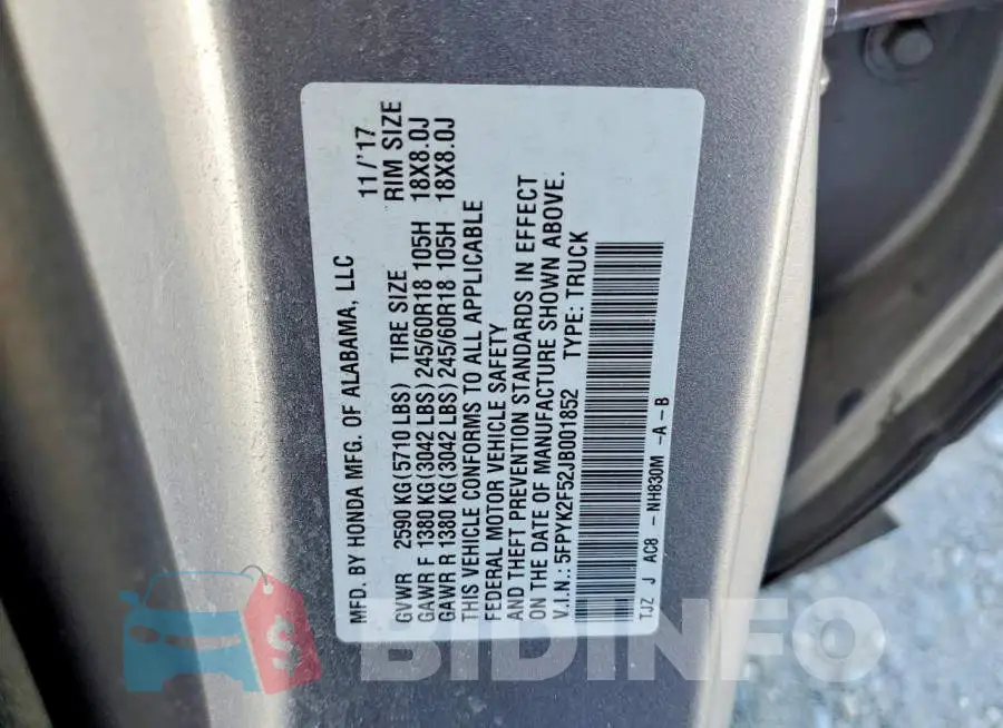 5FPYK2F52JB001852 Photo# 12