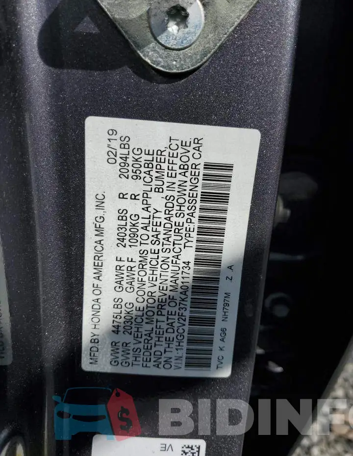 1HGCV2F37KA011734 Photo# 12