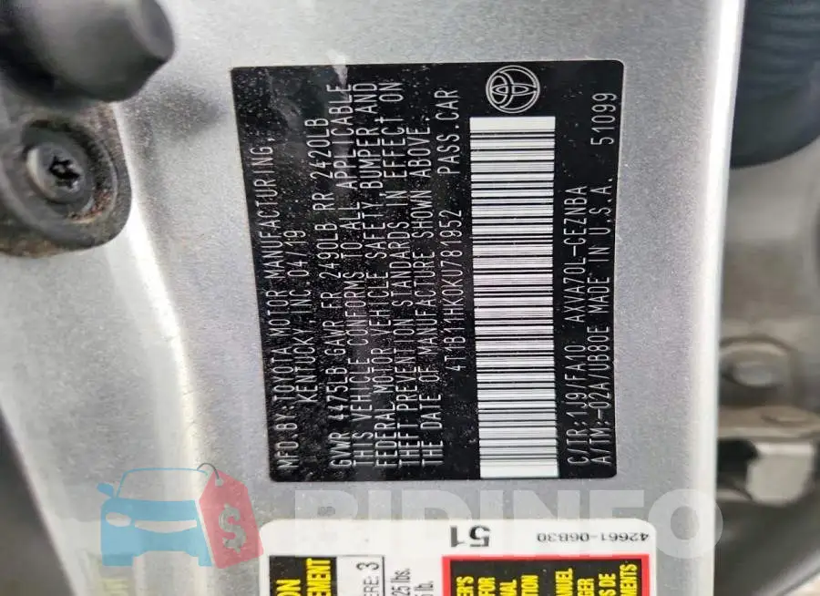 4T1B11HK0KU781952 Photo# 12