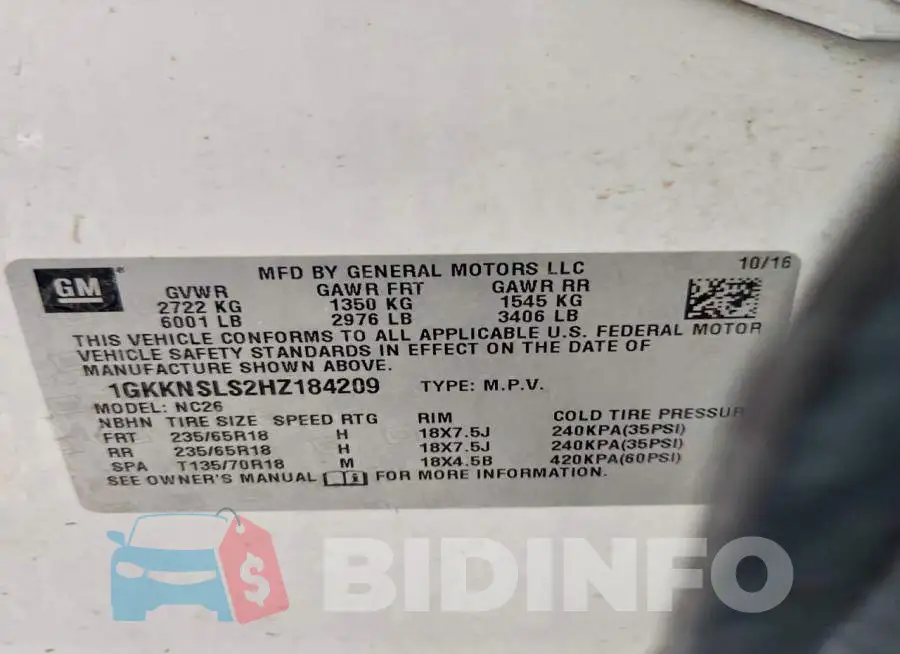 1GKKNSLS2HZ184209 Photo# 13