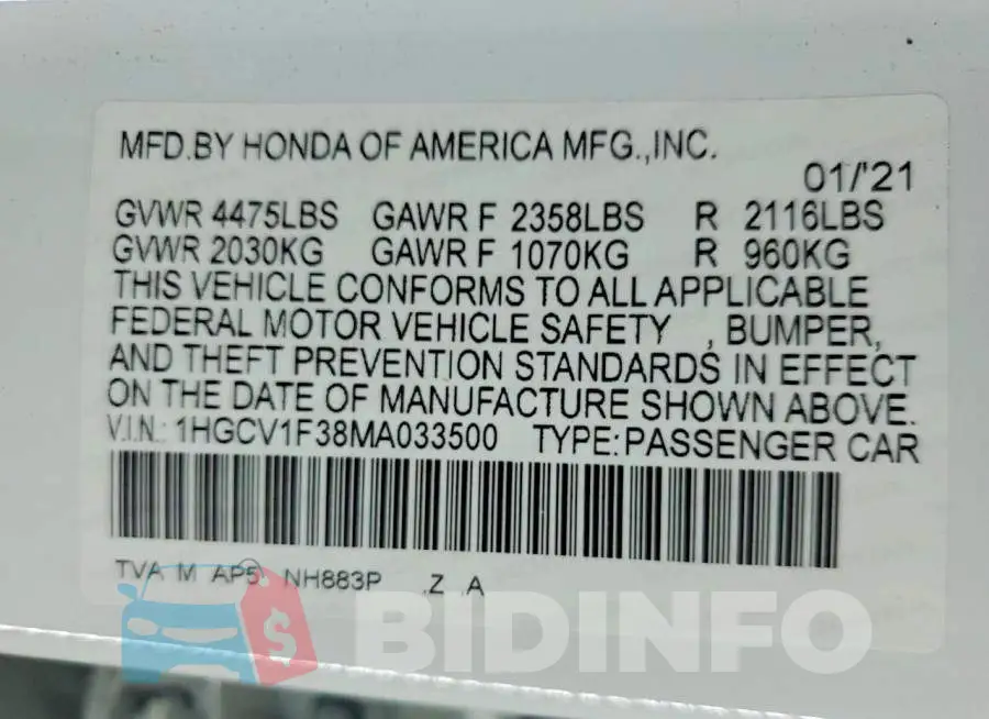 1HGCV1F38MA033500 Photo# 12