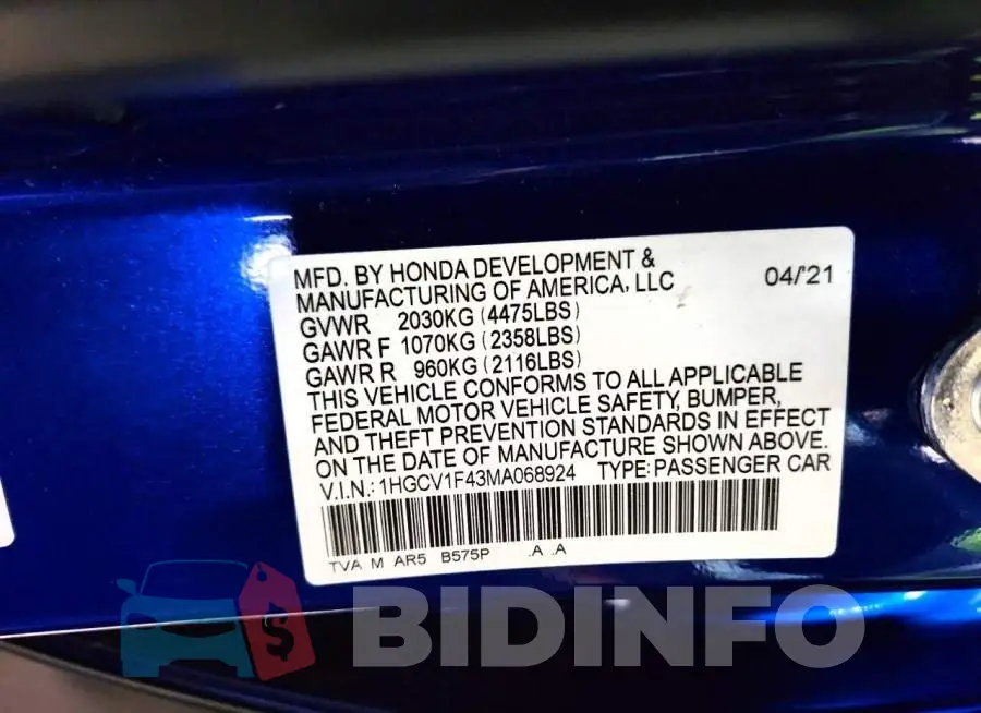 1HGCV1F43MA068924 Photo# 13
