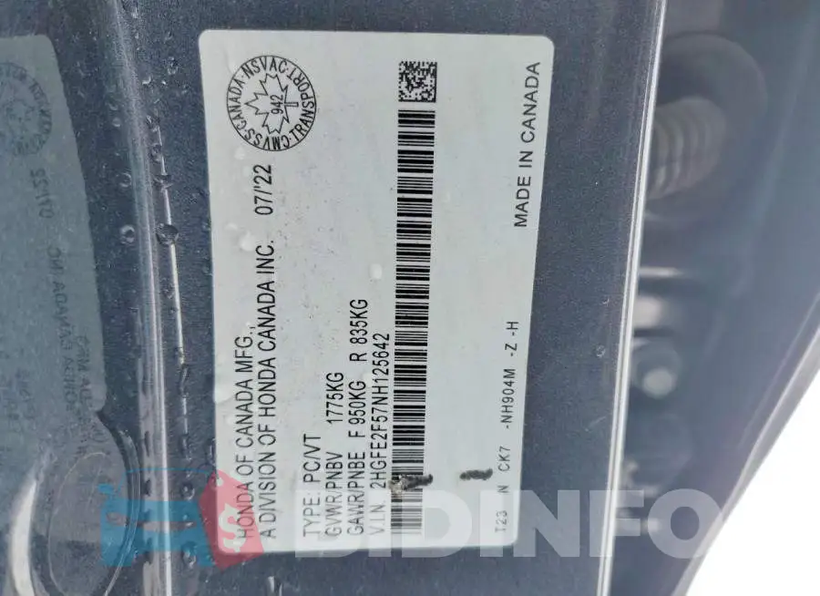2HGFE2F57NH125642 Photo# 13