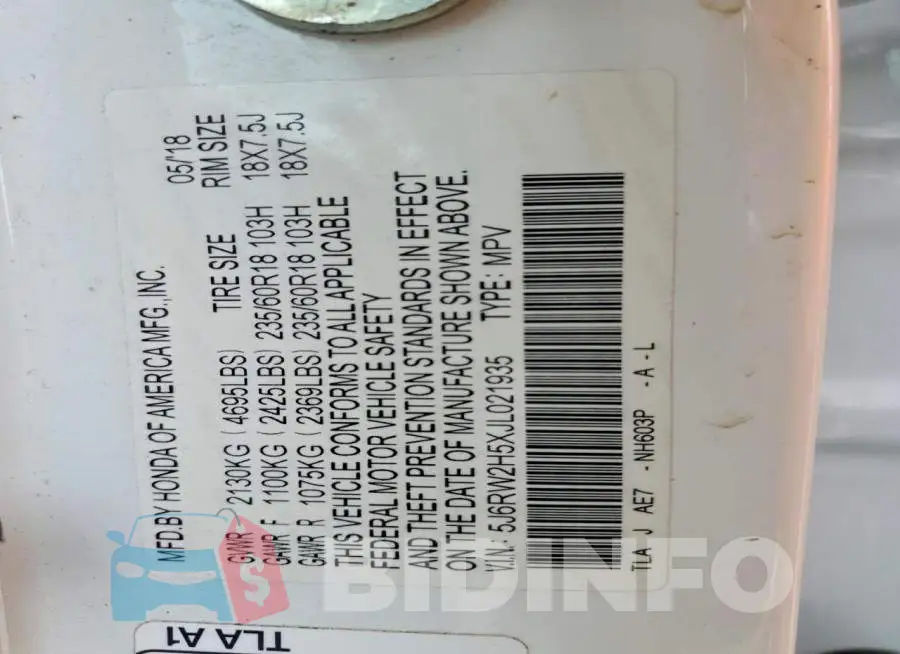 5J6RW2H5XJL021935 Photo# 13