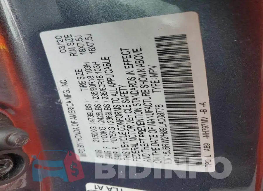5J6RW2H89LA008778 Photo# 13