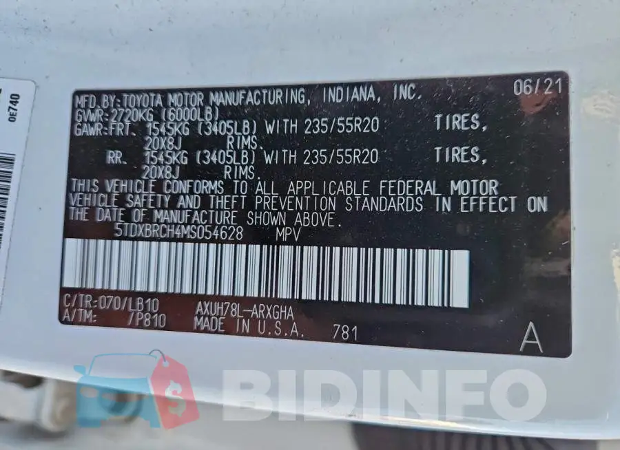 5TDXBRCH4MS054628 Photo# 13