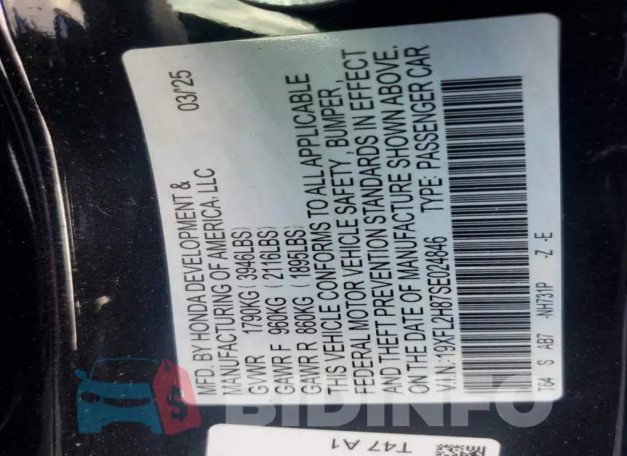 19XFL2H87SE024846 Photo# 13