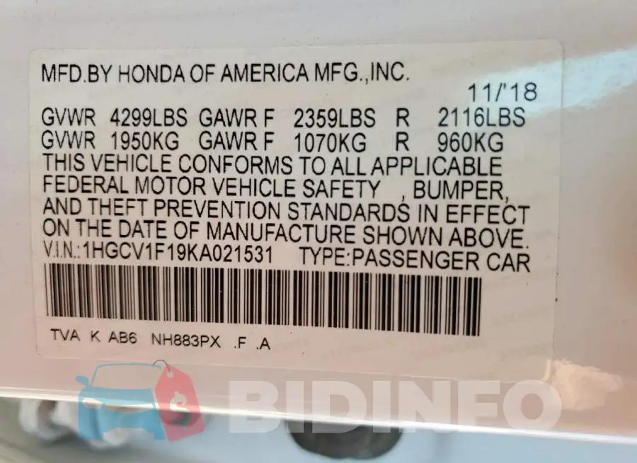 1HGCV1F19KA021531 Photo# 13