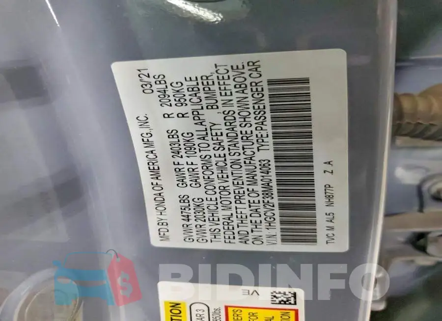 1HGCV2F38MA014063 Photo# 12