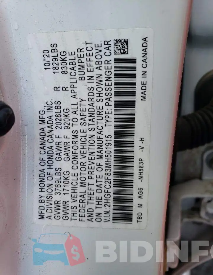 2HGFC2F83MH501915 Photo# 12