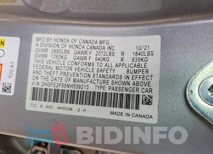 2HGFE2F55NH539213 Photo# 13