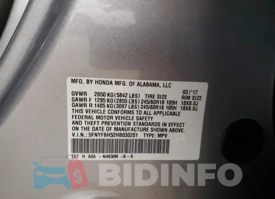 5FNYF6H52HB030201 Photo# 14