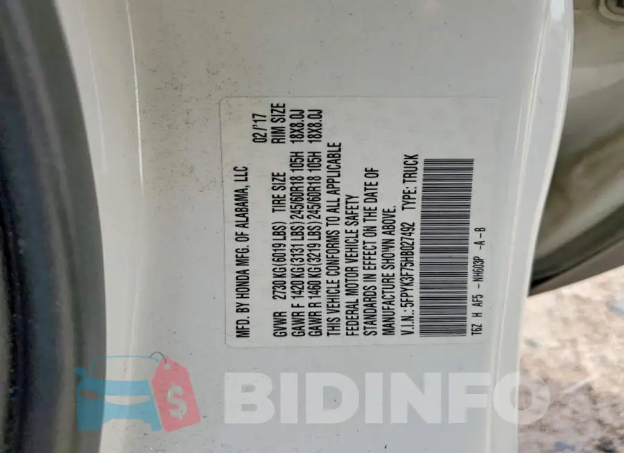 5FPYK3F75HB027492 Photo# 13