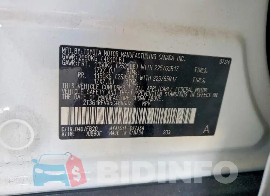 2T3G1RFVXRC468637 Photo# 12
