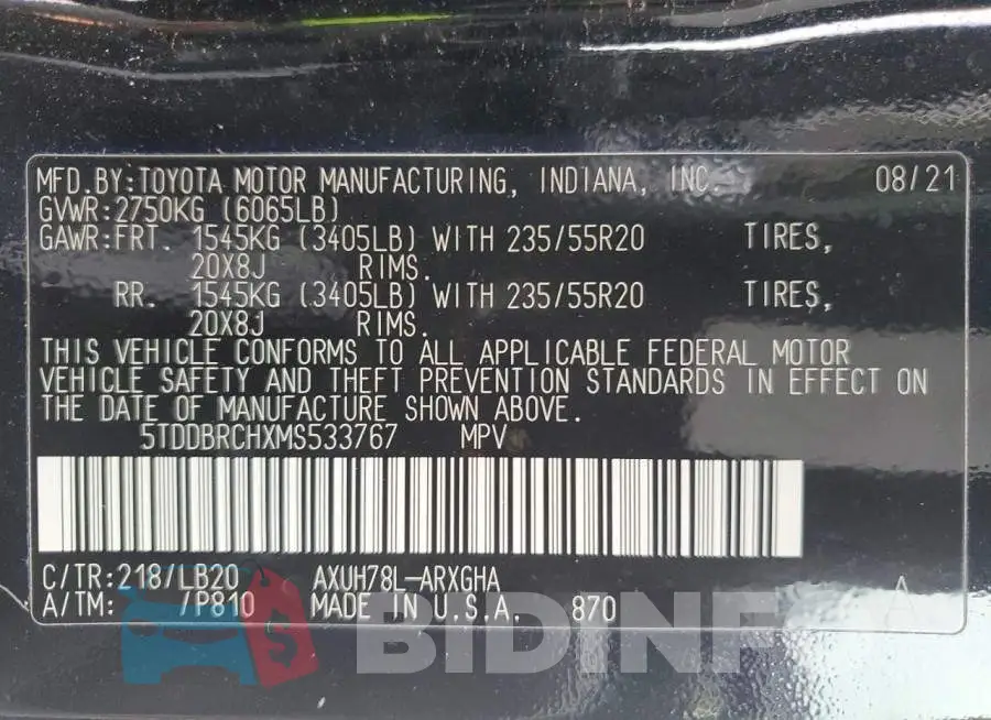 5TDDBRCHXMS533767 Photo# 13