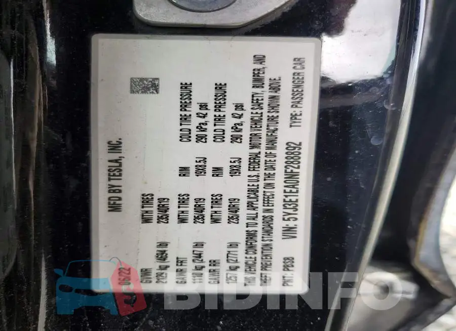 5YJ3E1EA0NF288892 Photo# 12