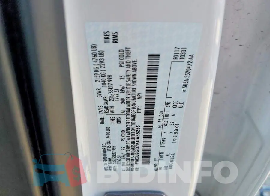 1FMCU9GD7KUA65255 Photo# 12