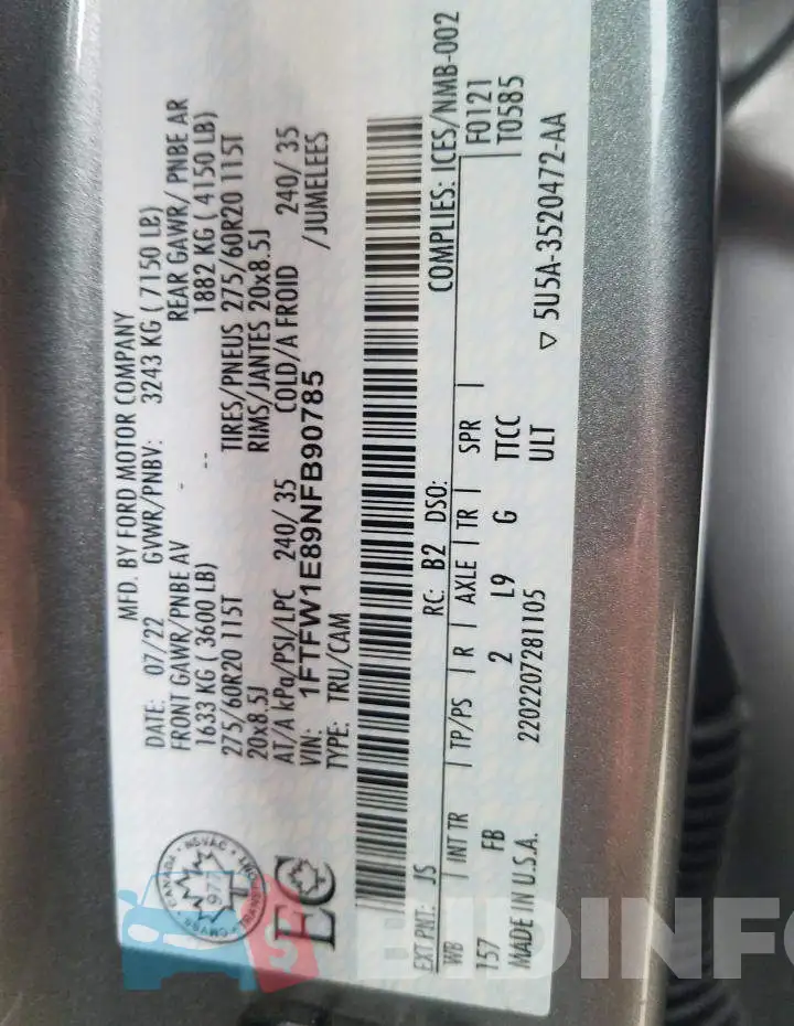 1FTFW1E89NFB90785 Photo# 12