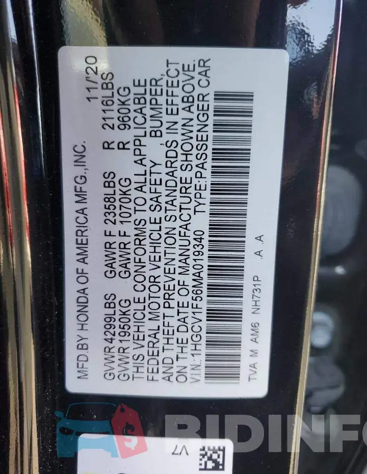 1HGCV1F56MA019340 Photo# 12