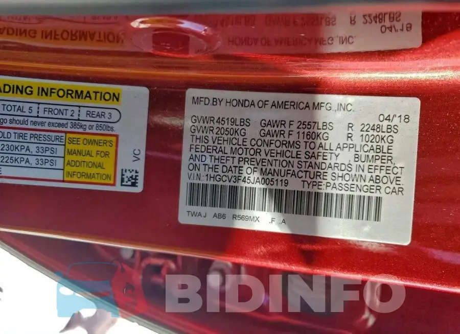 1HGCV3F45JA005119 Photo# 12