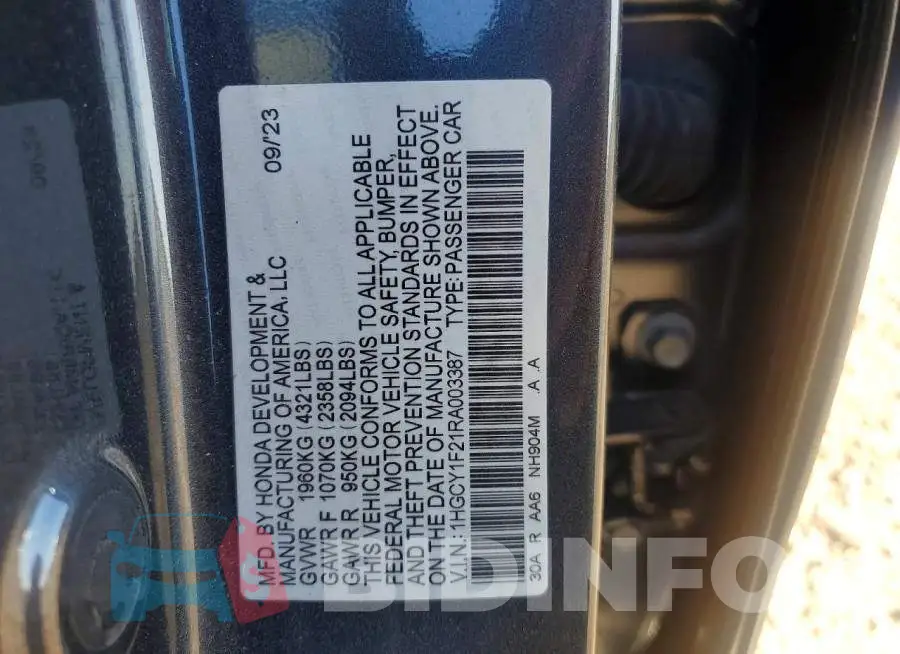 1HGCY1F21RA003387 Photo# 12