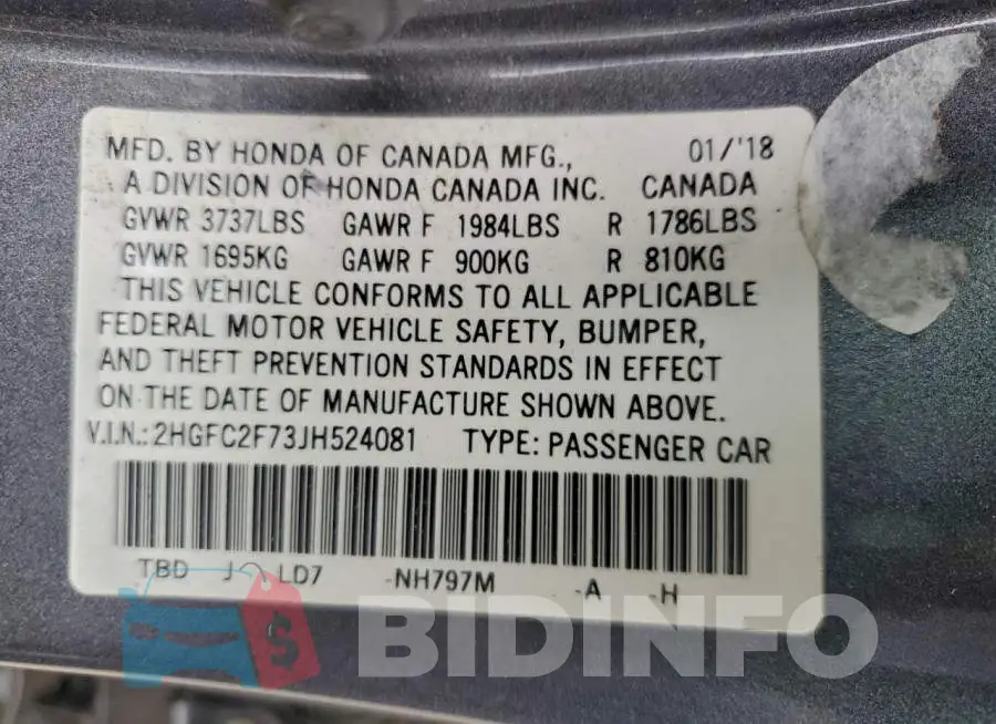 2HGFC2F73JH524081 Photo# 12