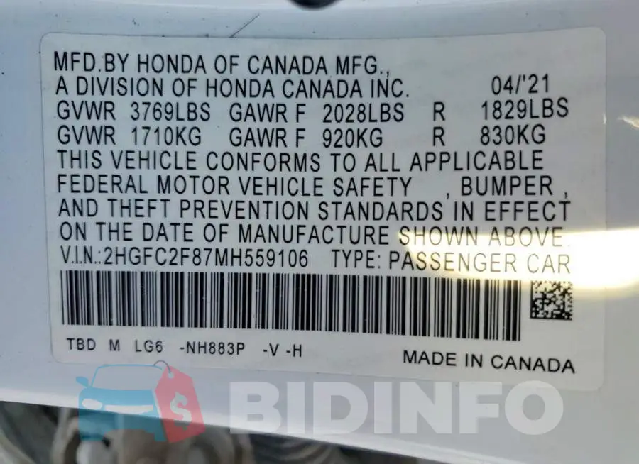 2HGFC2F87MH559106 Photo# 13