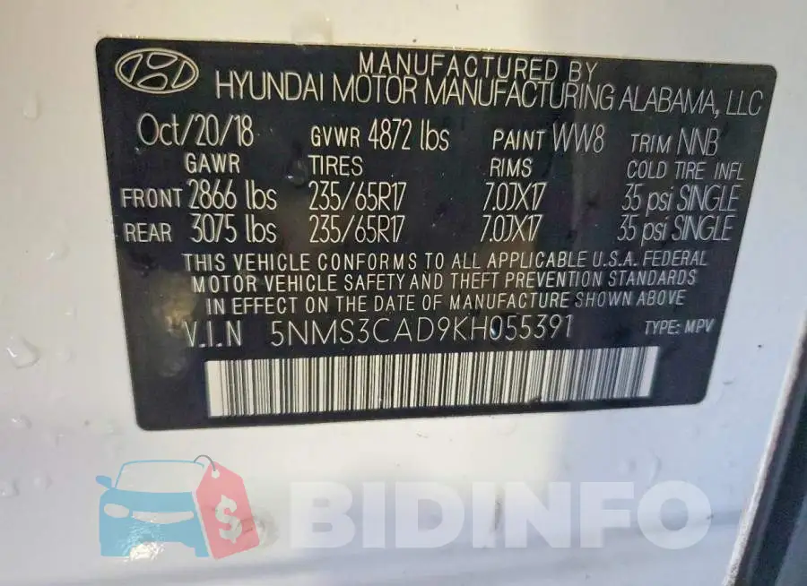 5NMS3CAD9KH055391 Photo# 14