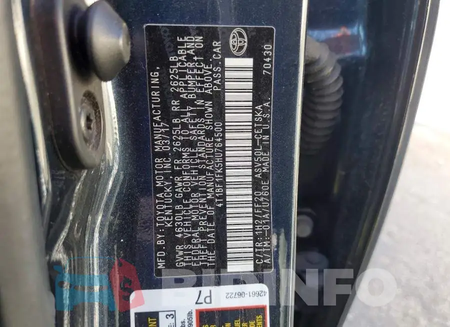 4T1BF1FK5HU764500 Photo# 12