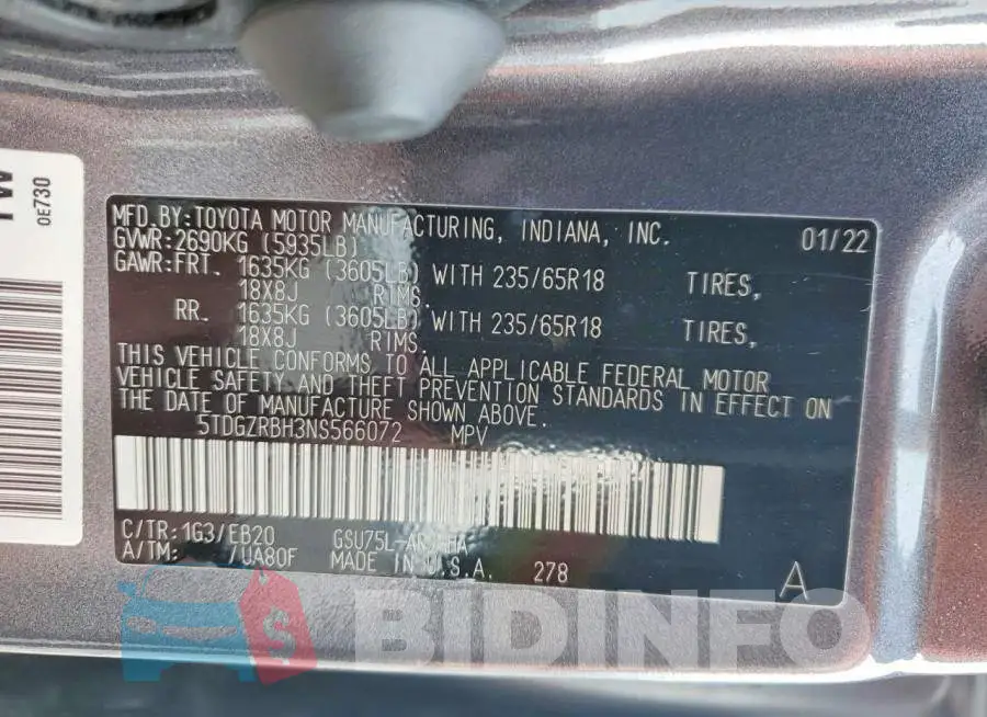 5TDGZRBH3NS566072 Photo# 14