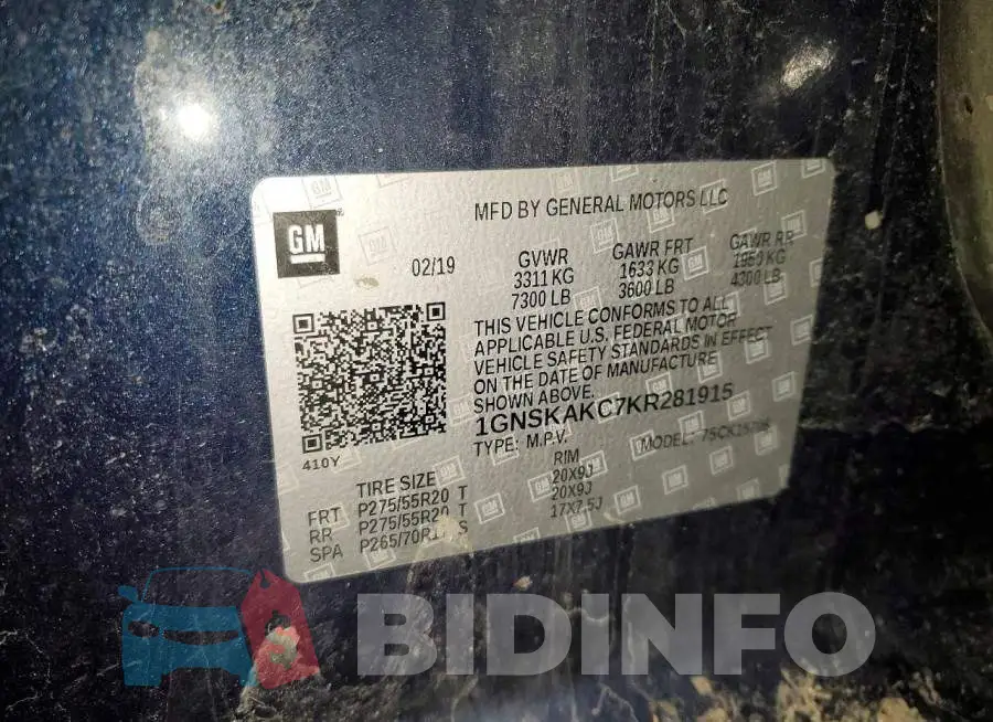 1GNSKAKC7KR281915 Photo# 13