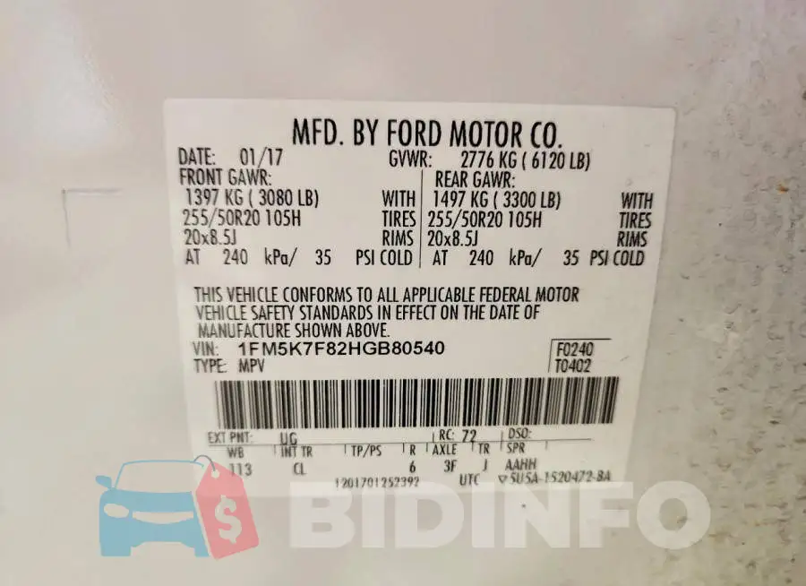 1FM5K7F82HGB80540 Photo# 14
