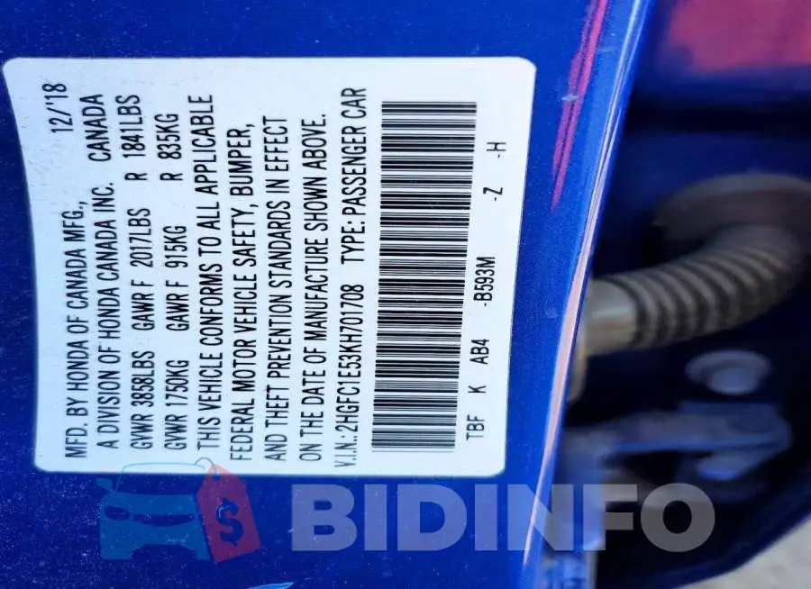 2HGFC1E53KH701708 Photo# 12