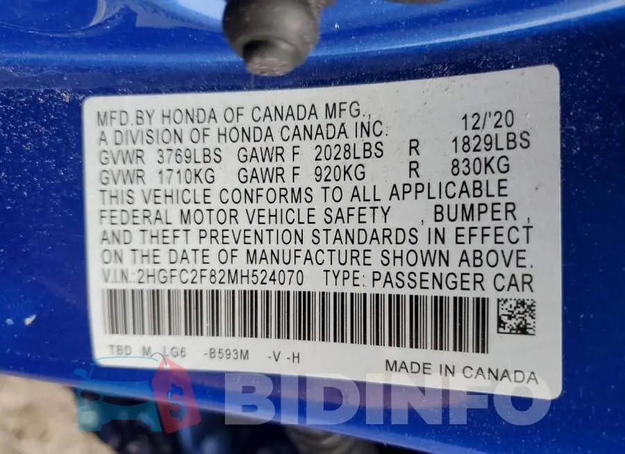 2HGFC2F82MH524070 Photo# 12
