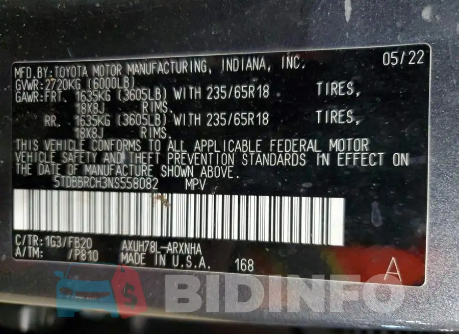 5TDBBRCH3NS558082 Photo# 13