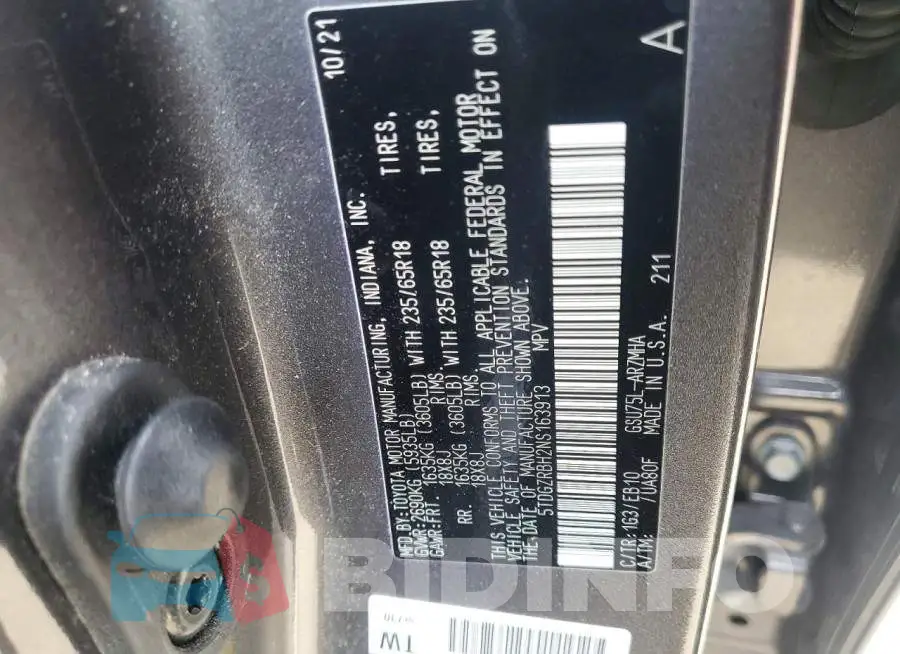 5TDGZRBH2NS163913 Photo# 14