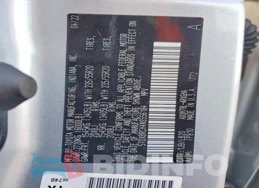 5TDXBRCH4NS556184 Photo# 14