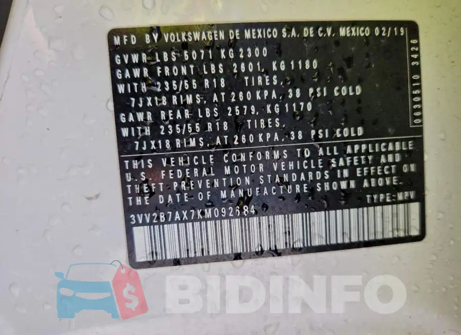 3VV2B7AX7KM092684 Photo# 13
