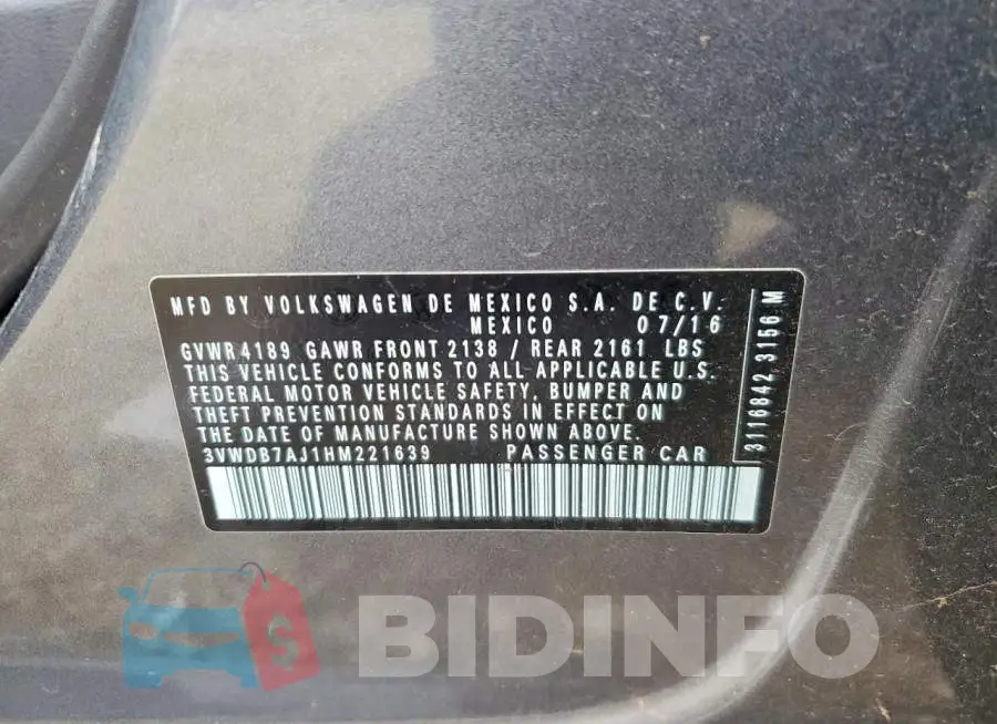 3VWDB7AJ1HM221639 Photo# 12