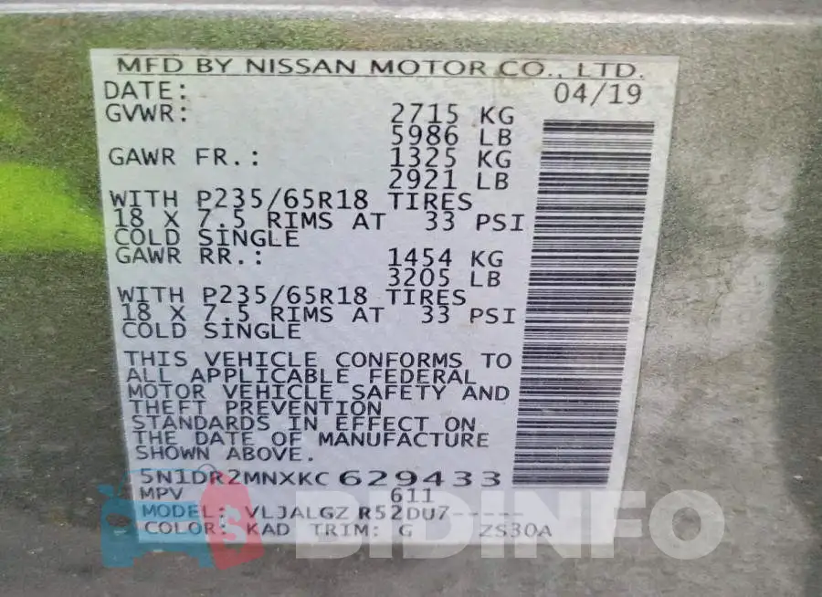 5N1DR2MNXKC629433 Photo# 13