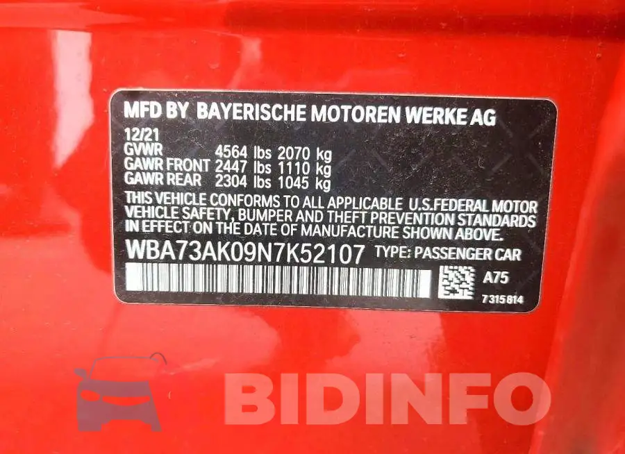 WBA73AK09N7K52107 Photo# 12