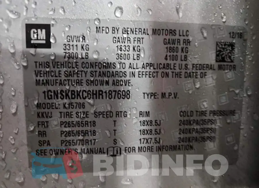1GNSKBKC6HR187698 Photo# 14